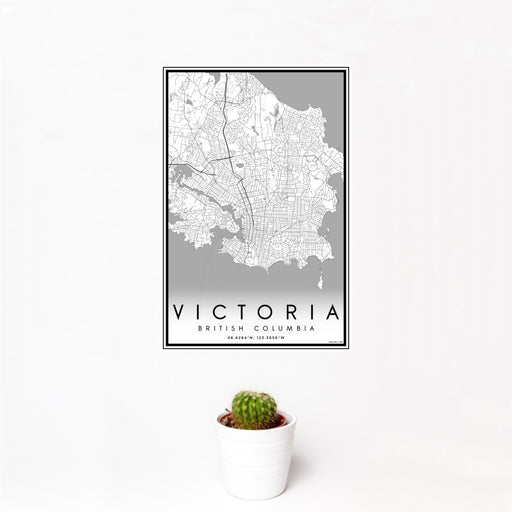 12x18 Victoria British Columbia Map Print Portrait Orientation in Classic Style With Small Cactus Plant in White Planter