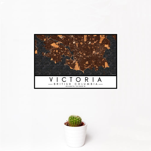 12x18 Victoria British Columbia Map Print Landscape Orientation in Ember Style With Small Cactus Plant in White Planter