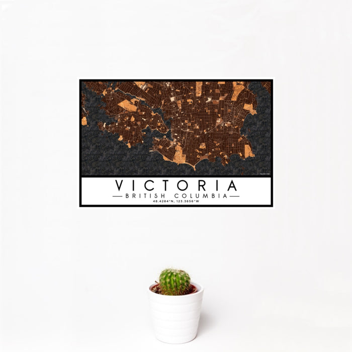 12x18 Victoria British Columbia Map Print Landscape Orientation in Ember Style With Small Cactus Plant in White Planter