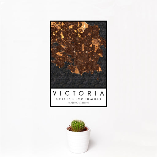 12x18 Victoria British Columbia Map Print Portrait Orientation in Ember Style With Small Cactus Plant in White Planter