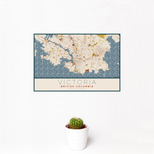 12x18 Victoria British Columbia Map Print Landscape Orientation in Woodblock Style With Small Cactus Plant in White Planter