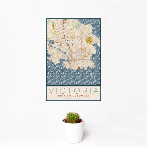 12x18 Victoria British Columbia Map Print Portrait Orientation in Woodblock Style With Small Cactus Plant in White Planter