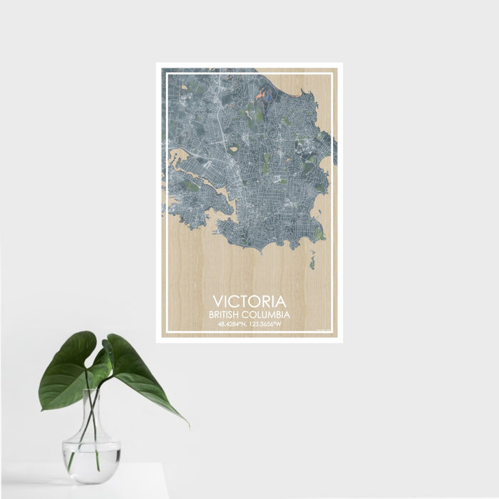 16x24 Victoria British Columbia Map Print Portrait Orientation in Afternoon Style With Tropical Plant Leaves in Water