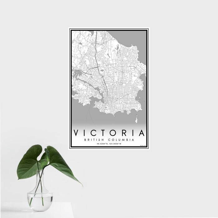 16x24 Victoria British Columbia Map Print Portrait Orientation in Classic Style With Tropical Plant Leaves in Water