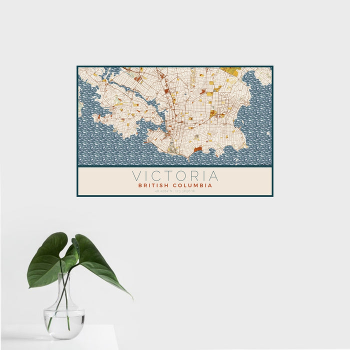 16x24 Victoria British Columbia Map Print Landscape Orientation in Woodblock Style With Tropical Plant Leaves in Water