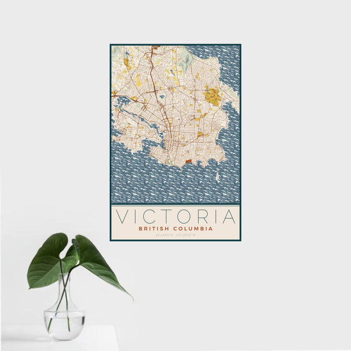 16x24 Victoria British Columbia Map Print Portrait Orientation in Woodblock Style With Tropical Plant Leaves in Water