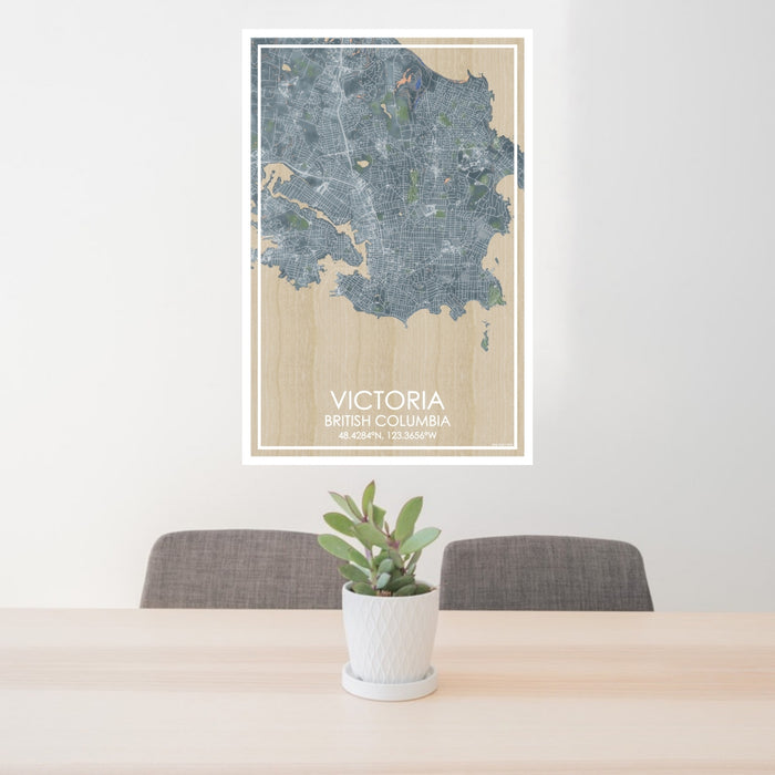 24x36 Victoria British Columbia Map Print Portrait Orientation in Afternoon Style Behind 2 Chairs Table and Potted Plant