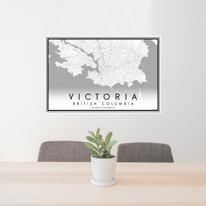 24x36 Victoria British Columbia Map Print Lanscape Orientation in Classic Style Behind 2 Chairs Table and Potted Plant