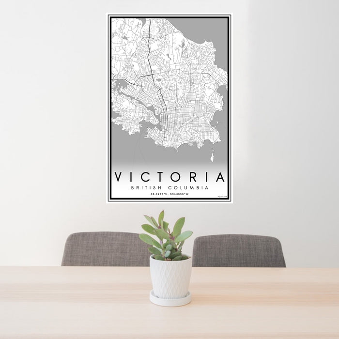 24x36 Victoria British Columbia Map Print Portrait Orientation in Classic Style Behind 2 Chairs Table and Potted Plant