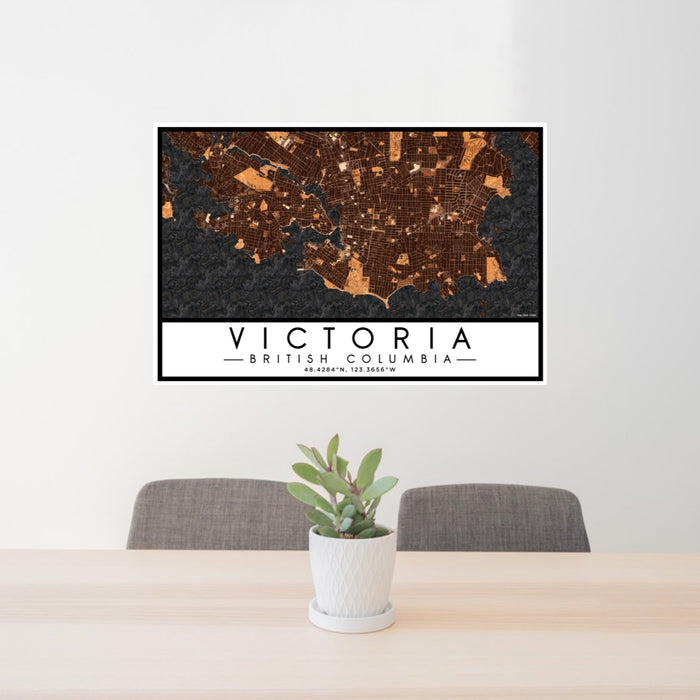 24x36 Victoria British Columbia Map Print Lanscape Orientation in Ember Style Behind 2 Chairs Table and Potted Plant