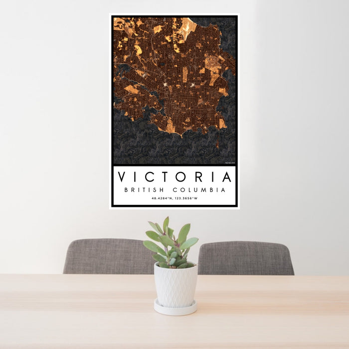 24x36 Victoria British Columbia Map Print Portrait Orientation in Ember Style Behind 2 Chairs Table and Potted Plant