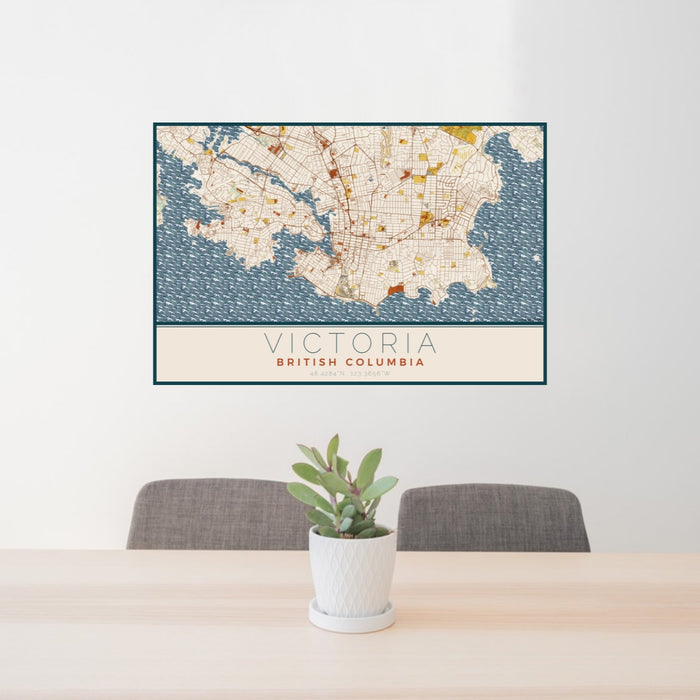 24x36 Victoria British Columbia Map Print Lanscape Orientation in Woodblock Style Behind 2 Chairs Table and Potted Plant