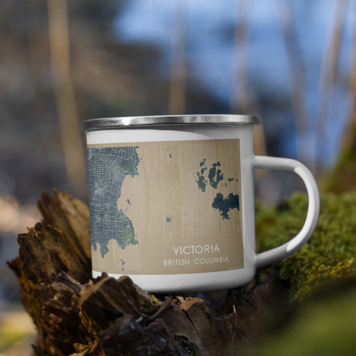 Right View Custom Victoria British Columbia Map Enamel Mug in Afternoon on Grass With Trees in Background