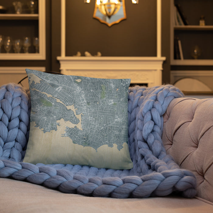 Custom Victoria British Columbia Map Throw Pillow in Afternoon on Cream Colored Couch