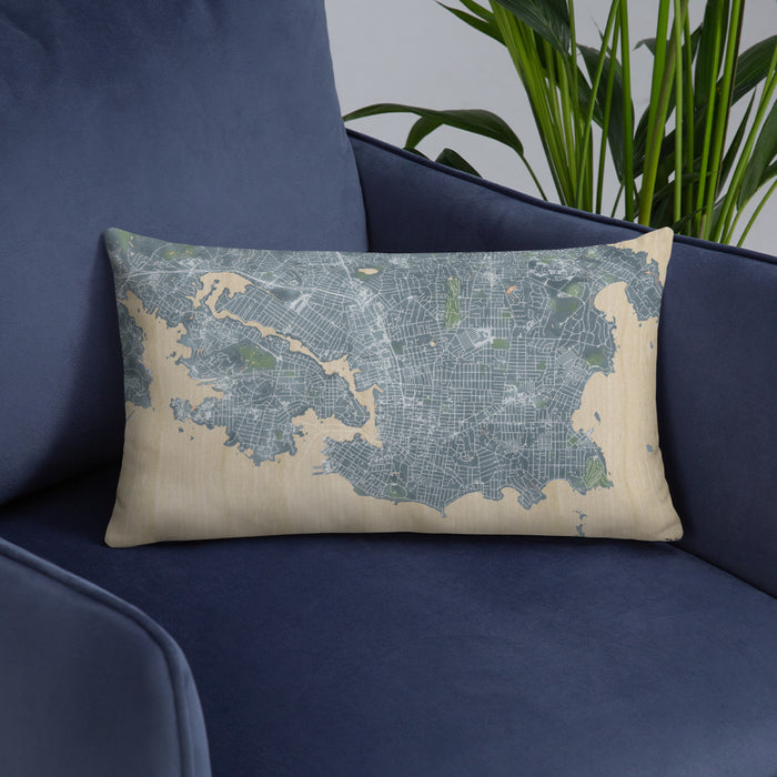 Custom Victoria British Columbia Map Throw Pillow in Afternoon on Blue Colored Chair
