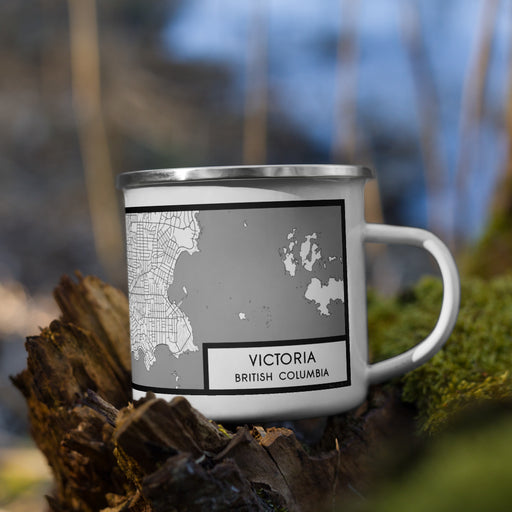 Right View Custom Victoria British Columbia Map Enamel Mug in Classic on Grass With Trees in Background