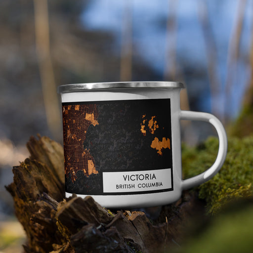 Right View Custom Victoria British Columbia Map Enamel Mug in Ember on Grass With Trees in Background