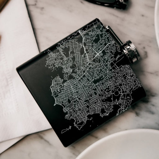 Victoria British Columbia Custom Engraved City Map Inscription Coordinates on 6oz Stainless Steel Flask in Black