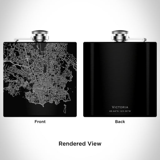 Rendered View of Victoria British Columbia Map Engraving on 6oz Stainless Steel Flask in Black
