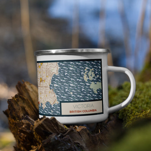 Right View Custom Victoria British Columbia Map Enamel Mug in Woodblock on Grass With Trees in Background