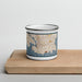 Front View Custom Victoria British Columbia Map Enamel Mug in Woodblock on Cutting Board
