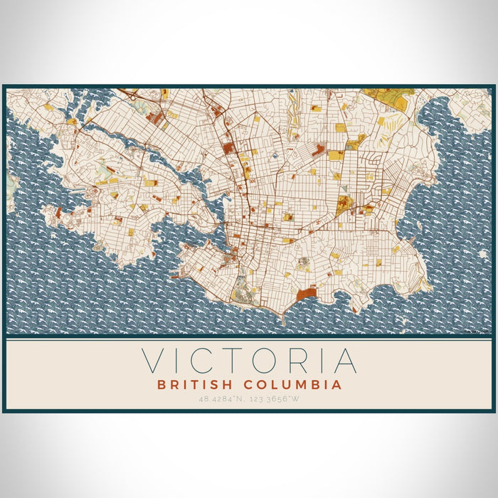 Victoria British Columbia Map Print Landscape Orientation in Woodblock Style With Shaded Background