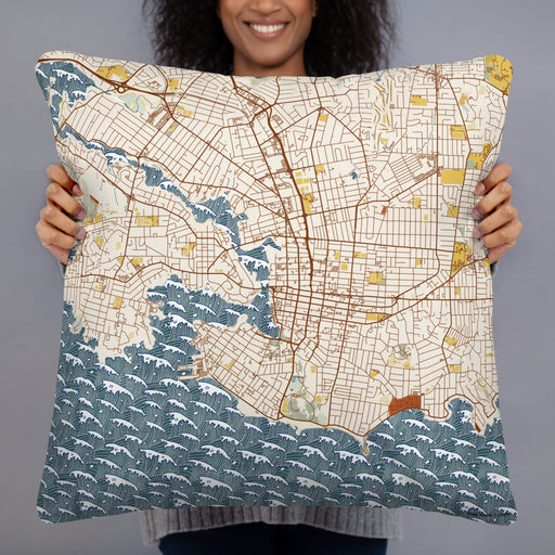 Person holding 22x22 Custom Victoria British Columbia Map Throw Pillow in Woodblock