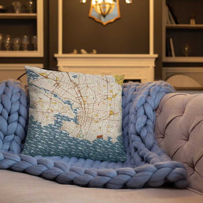 Custom Victoria British Columbia Map Throw Pillow in Woodblock on Cream Colored Couch
