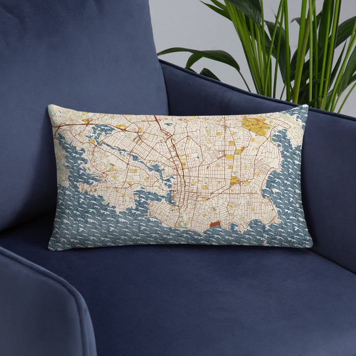 Custom Victoria British Columbia Map Throw Pillow in Woodblock on Blue Colored Chair