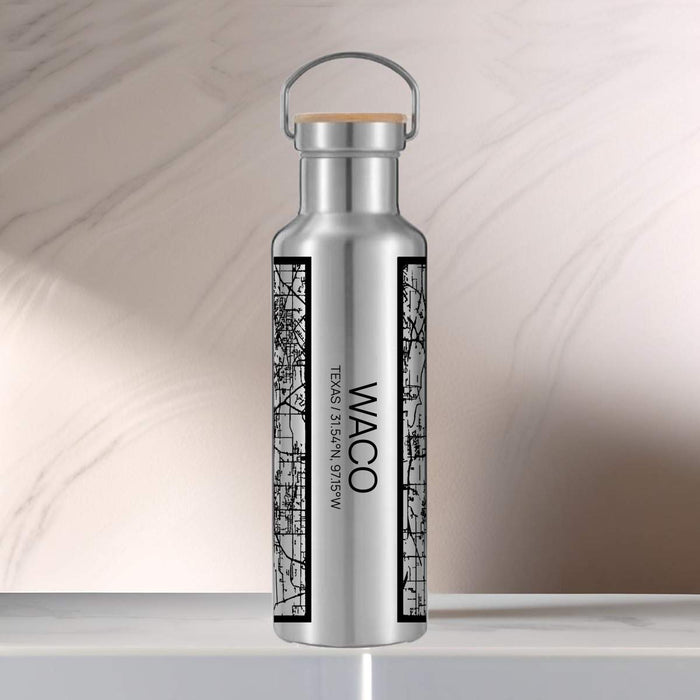 Waco Texas Custom City Map Inscription Coordinates on 20oz Stainless Steel Insulated Bottle with Bamboo Top with printed Tactile Lines Map in Black