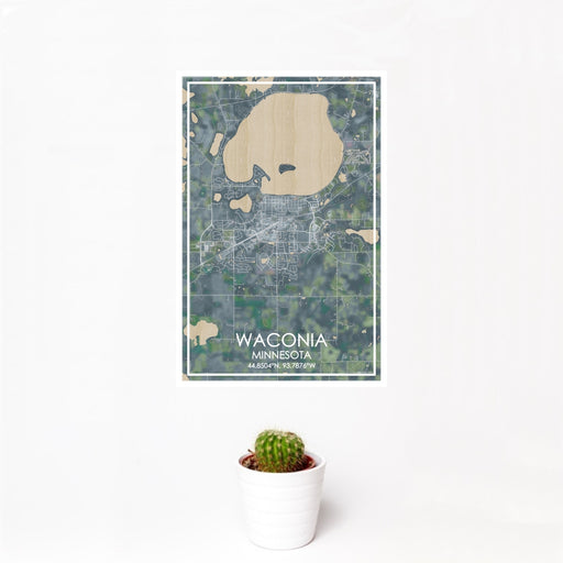 12x18 Waconia Minnesota Map Print Portrait Orientation in Afternoon Style With Small Cactus Plant in White Planter