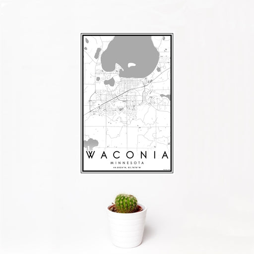 12x18 Waconia Minnesota Map Print Portrait Orientation in Classic Style With Small Cactus Plant in White Planter