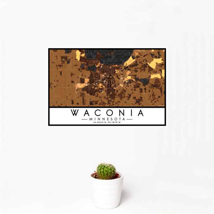 12x18 Waconia Minnesota Map Print Landscape Orientation in Ember Style With Small Cactus Plant in White Planter