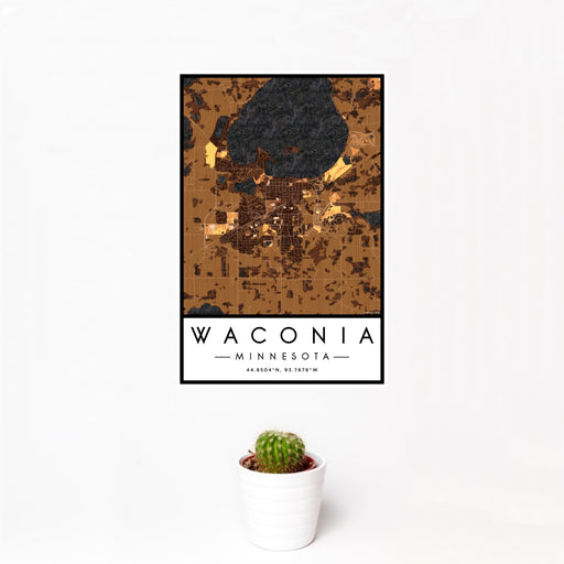 12x18 Waconia Minnesota Map Print Portrait Orientation in Ember Style With Small Cactus Plant in White Planter