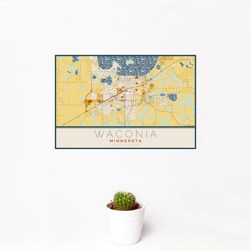 12x18 Waconia Minnesota Map Print Landscape Orientation in Woodblock Style With Small Cactus Plant in White Planter