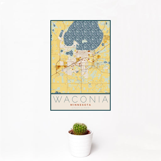 12x18 Waconia Minnesota Map Print Portrait Orientation in Woodblock Style With Small Cactus Plant in White Planter