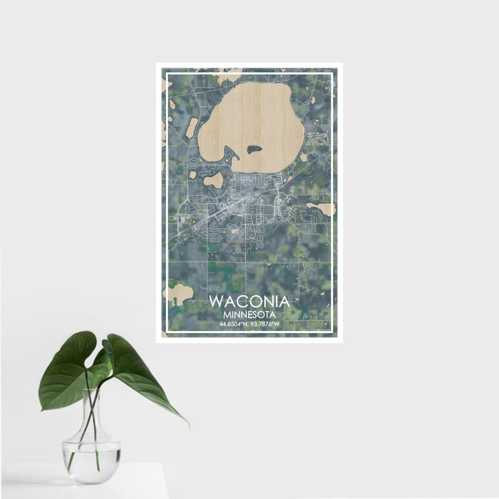 16x24 Waconia Minnesota Map Print Portrait Orientation in Afternoon Style With Tropical Plant Leaves in Water