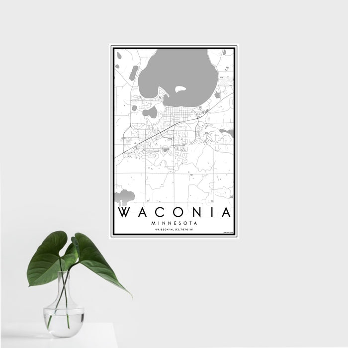 16x24 Waconia Minnesota Map Print Portrait Orientation in Classic Style With Tropical Plant Leaves in Water