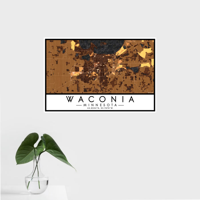 16x24 Waconia Minnesota Map Print Landscape Orientation in Ember Style With Tropical Plant Leaves in Water