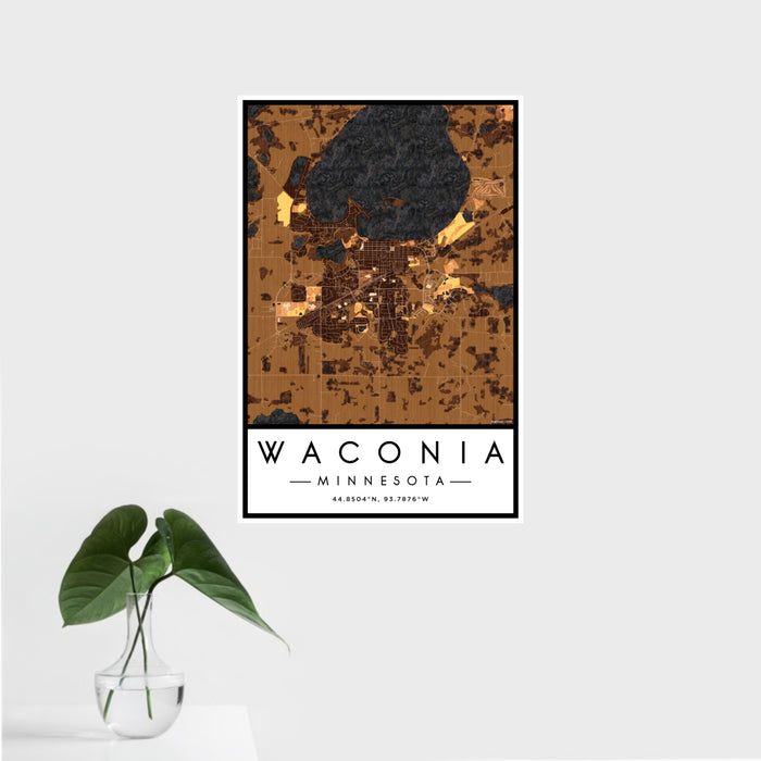 16x24 Waconia Minnesota Map Print Portrait Orientation in Ember Style With Tropical Plant Leaves in Water