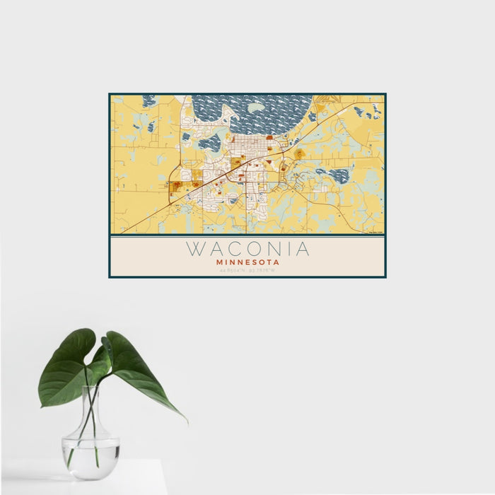 16x24 Waconia Minnesota Map Print Landscape Orientation in Woodblock Style With Tropical Plant Leaves in Water