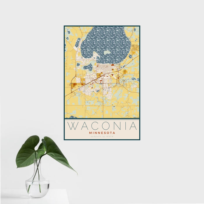 16x24 Waconia Minnesota Map Print Portrait Orientation in Woodblock Style With Tropical Plant Leaves in Water