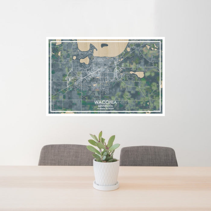 24x36 Waconia Minnesota Map Print Lanscape Orientation in Afternoon Style Behind 2 Chairs Table and Potted Plant