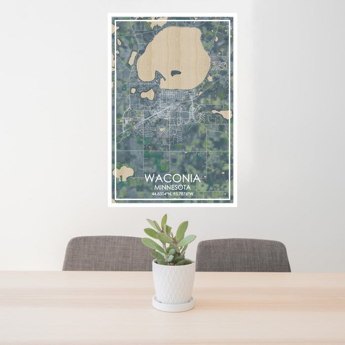 24x36 Waconia Minnesota Map Print Portrait Orientation in Afternoon Style Behind 2 Chairs Table and Potted Plant