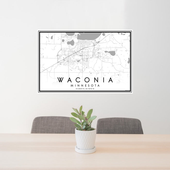 24x36 Waconia Minnesota Map Print Lanscape Orientation in Classic Style Behind 2 Chairs Table and Potted Plant
