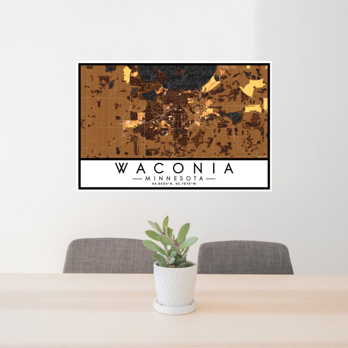 24x36 Waconia Minnesota Map Print Lanscape Orientation in Ember Style Behind 2 Chairs Table and Potted Plant