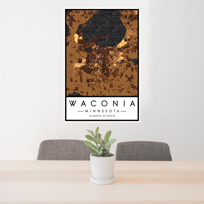 24x36 Waconia Minnesota Map Print Portrait Orientation in Ember Style Behind 2 Chairs Table and Potted Plant