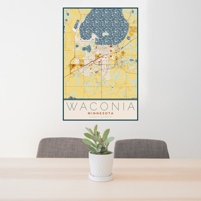 24x36 Waconia Minnesota Map Print Portrait Orientation in Woodblock Style Behind 2 Chairs Table and Potted Plant
