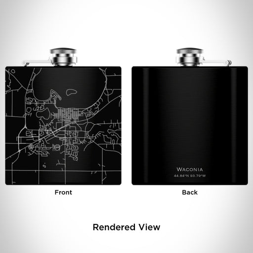 Rendered View of Waconia Minnesota Map Engraving on 6oz Stainless Steel Flask in Black