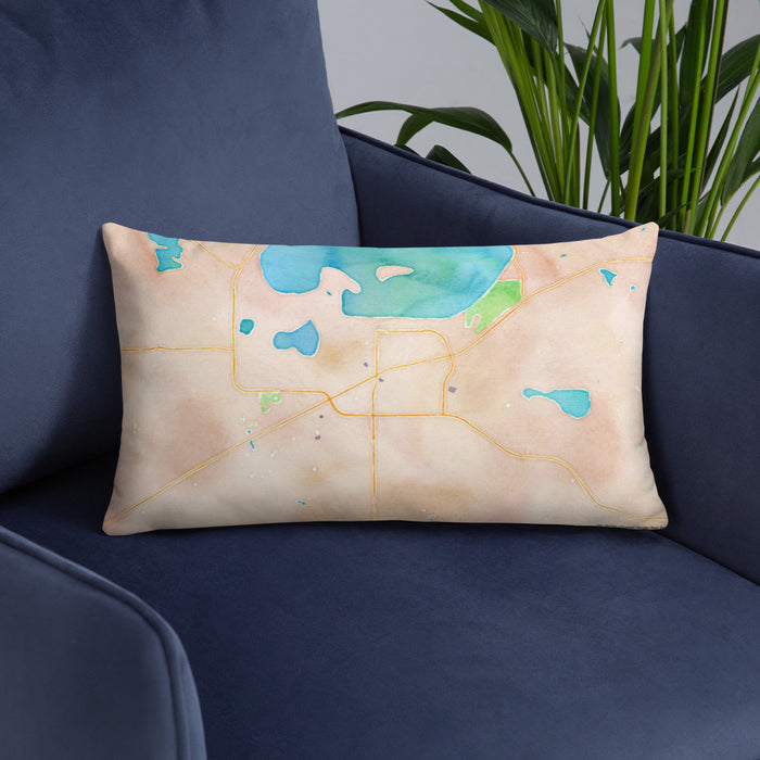 Custom Waconia Minnesota Map Throw Pillow in Watercolor on Blue Colored Chair